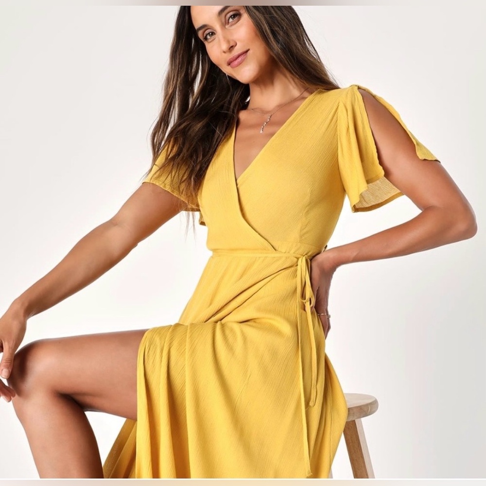 Yellow Wrap Maxi Dress with Flutter Sleeves